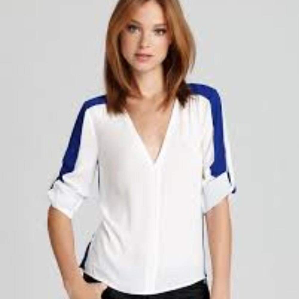 NEW BCBG MaxAzria Alaine Silky Tunic Style Long Sleeve Shirt, White Blue, Size L